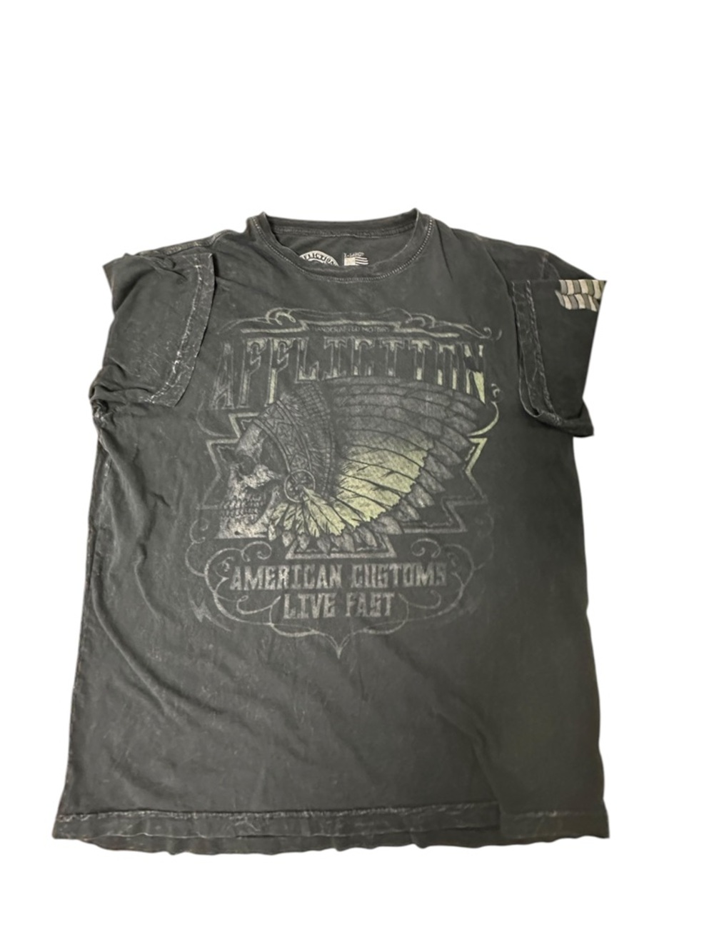 Affliction Black Tee with Faded Gold Wing Skull Graphic